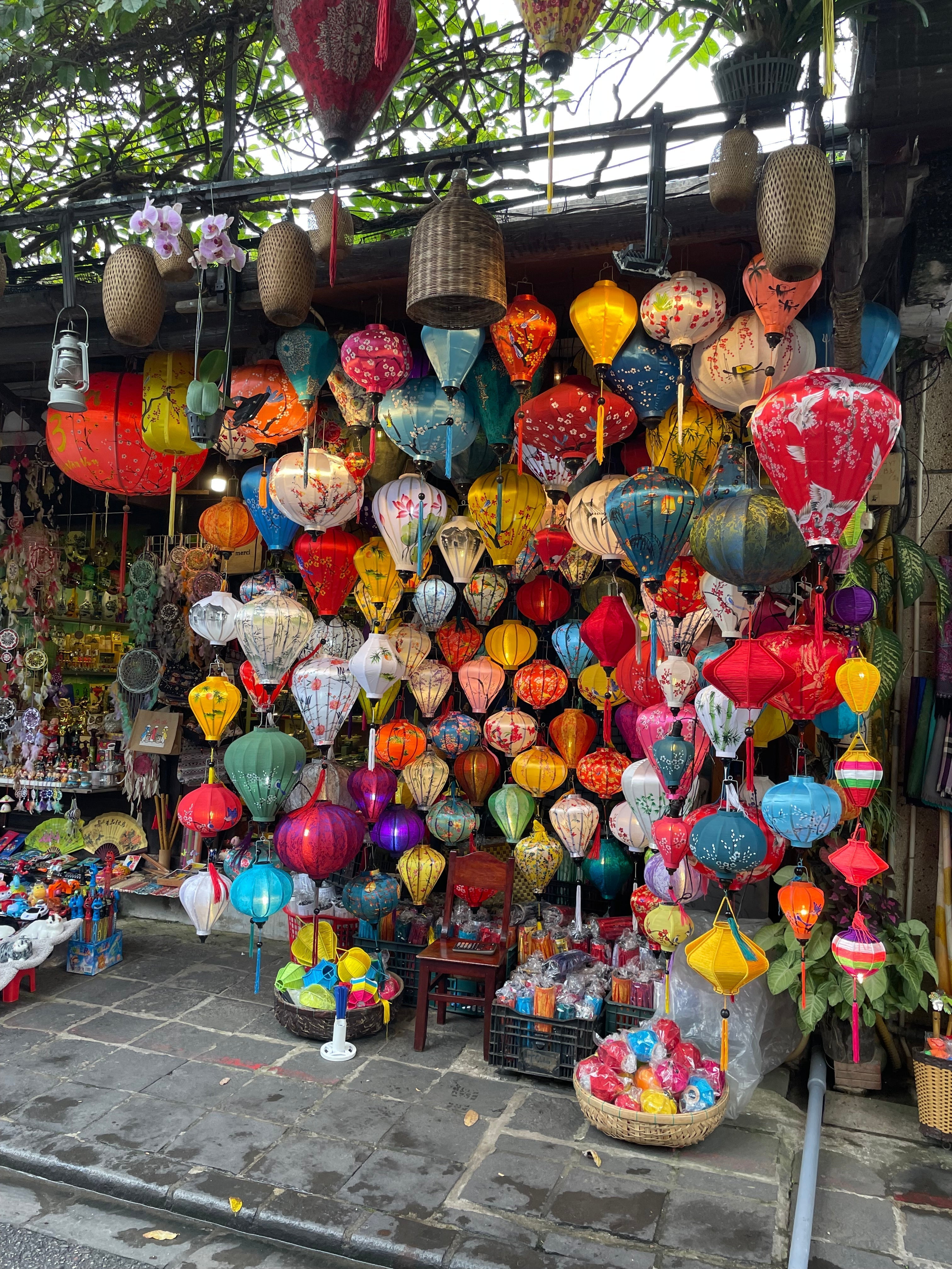 Colorful lanterns displayed at a market stall in Da Nang, Vietnam