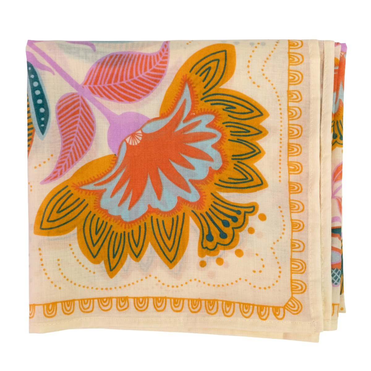 A folded square bandana, featuring a vibrant floral pattern on a cream background. The design includes a large central flower in orange, light blue, and lavender, with stylized leaves and a decorative scalloped border.