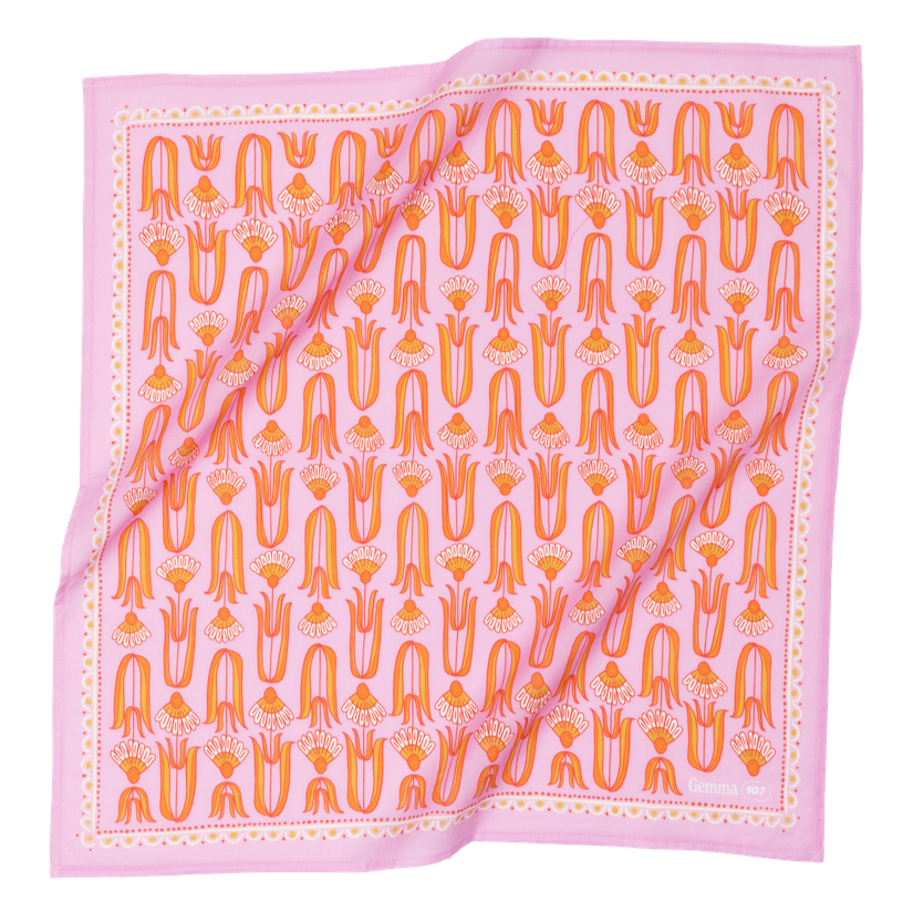 Pink and orange patterned scarf with abstract tulip designs