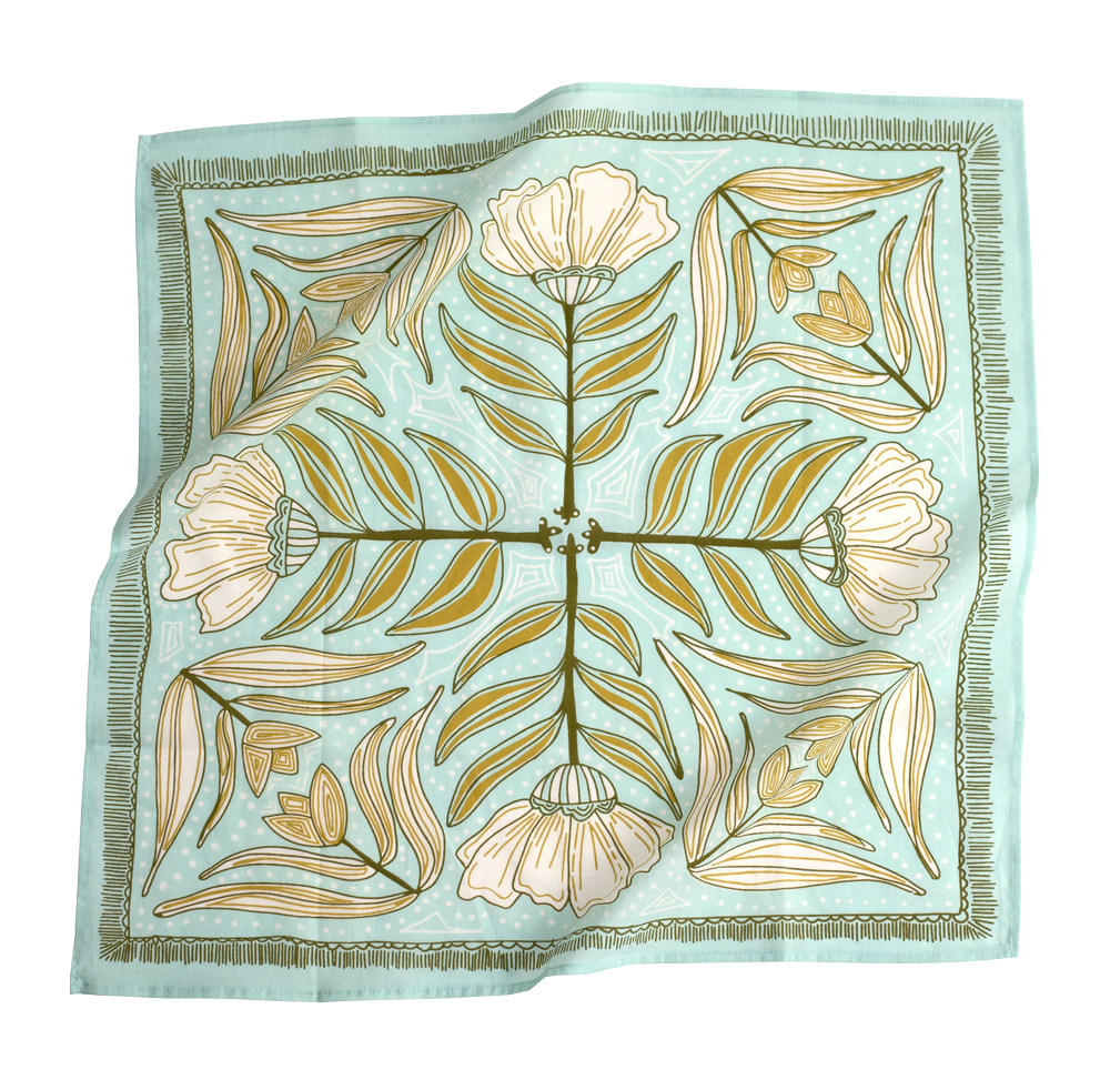 Floral pattern on a square cloth with green and beige tones.