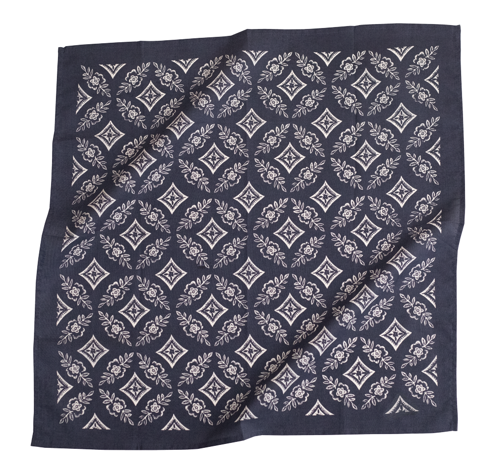 Navy blue bandana with white geometric floral pattern