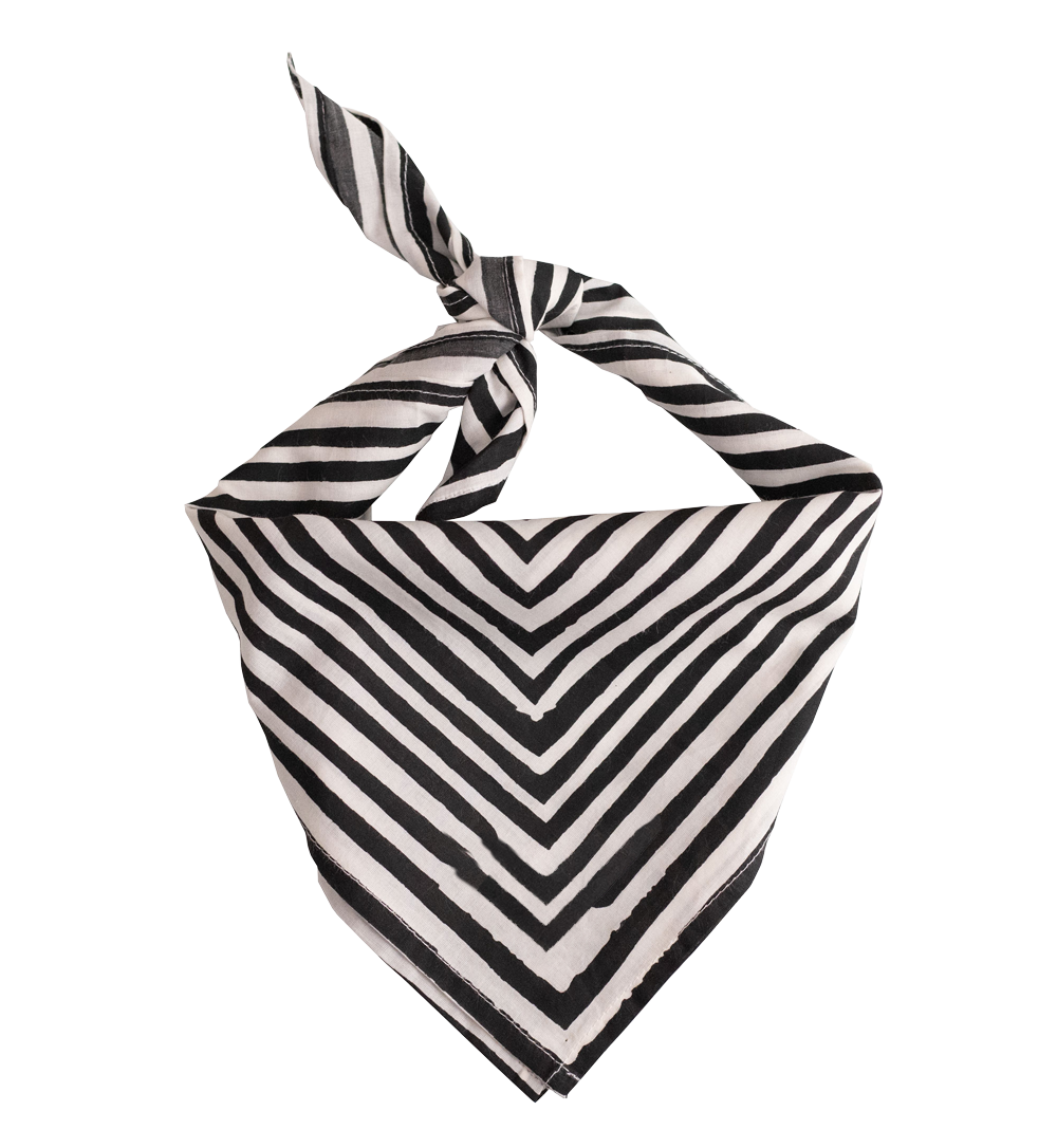 Black-and-white chevron-striped triangular bandana tied at the top