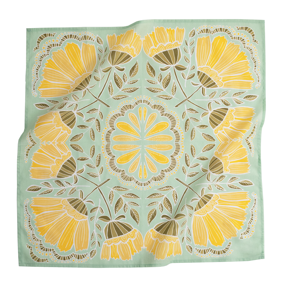 Mint-green square scarf with symmetrical yellow floral pattern, leafy vines and scalloped central medallion
