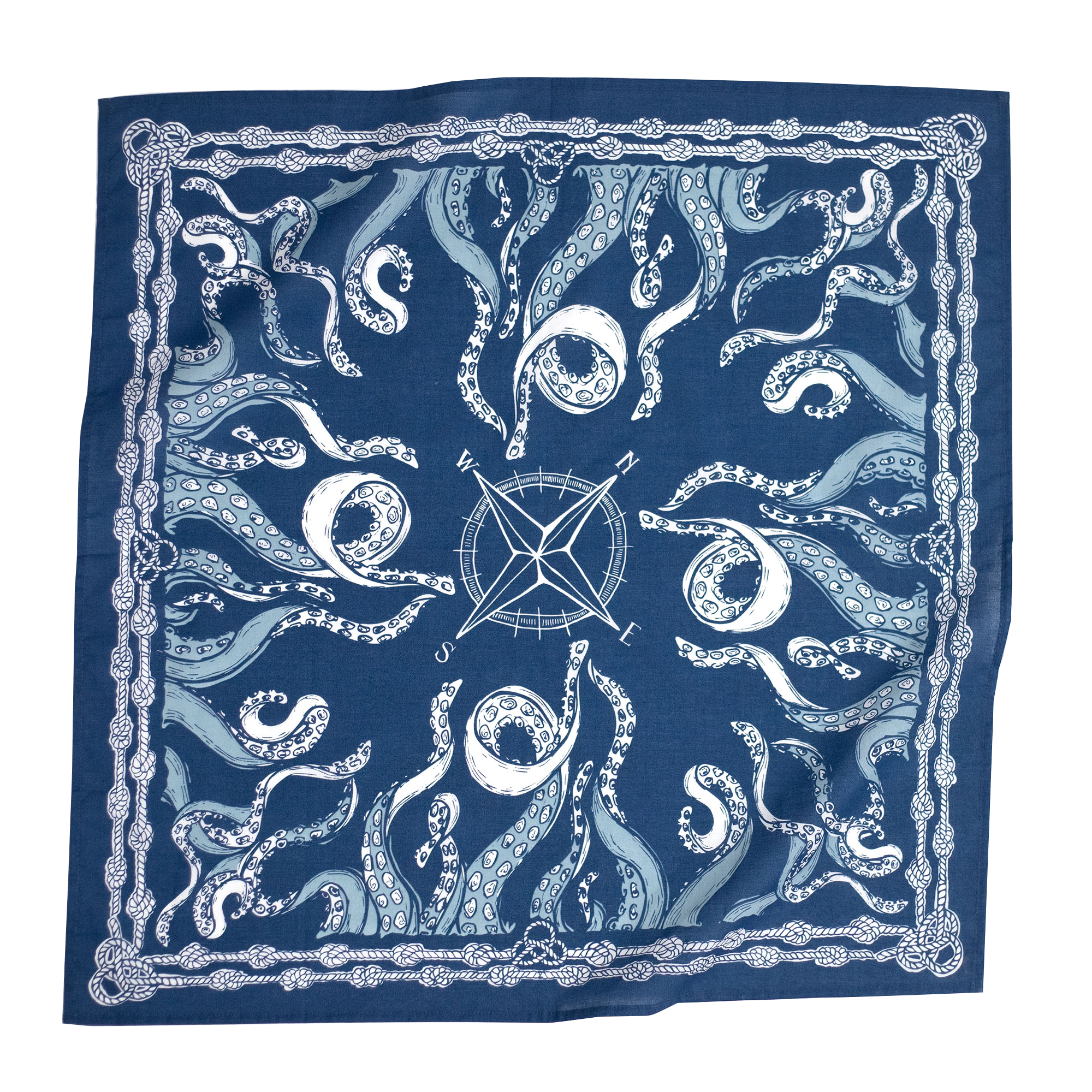 Blue bandana with white nautical-themed patterns and compass design