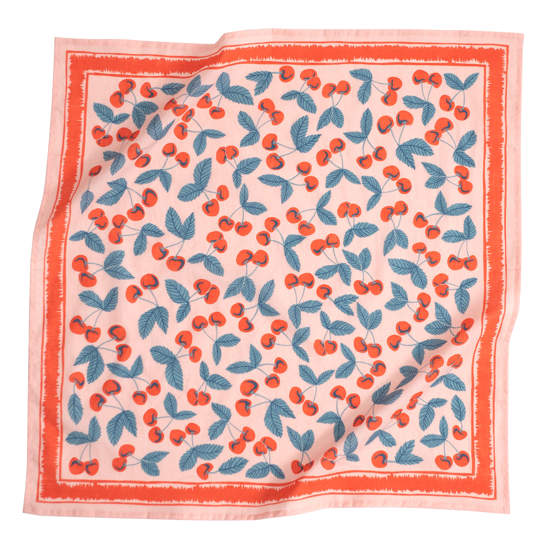 Scarf with cherry and leaf pattern on a light pink background