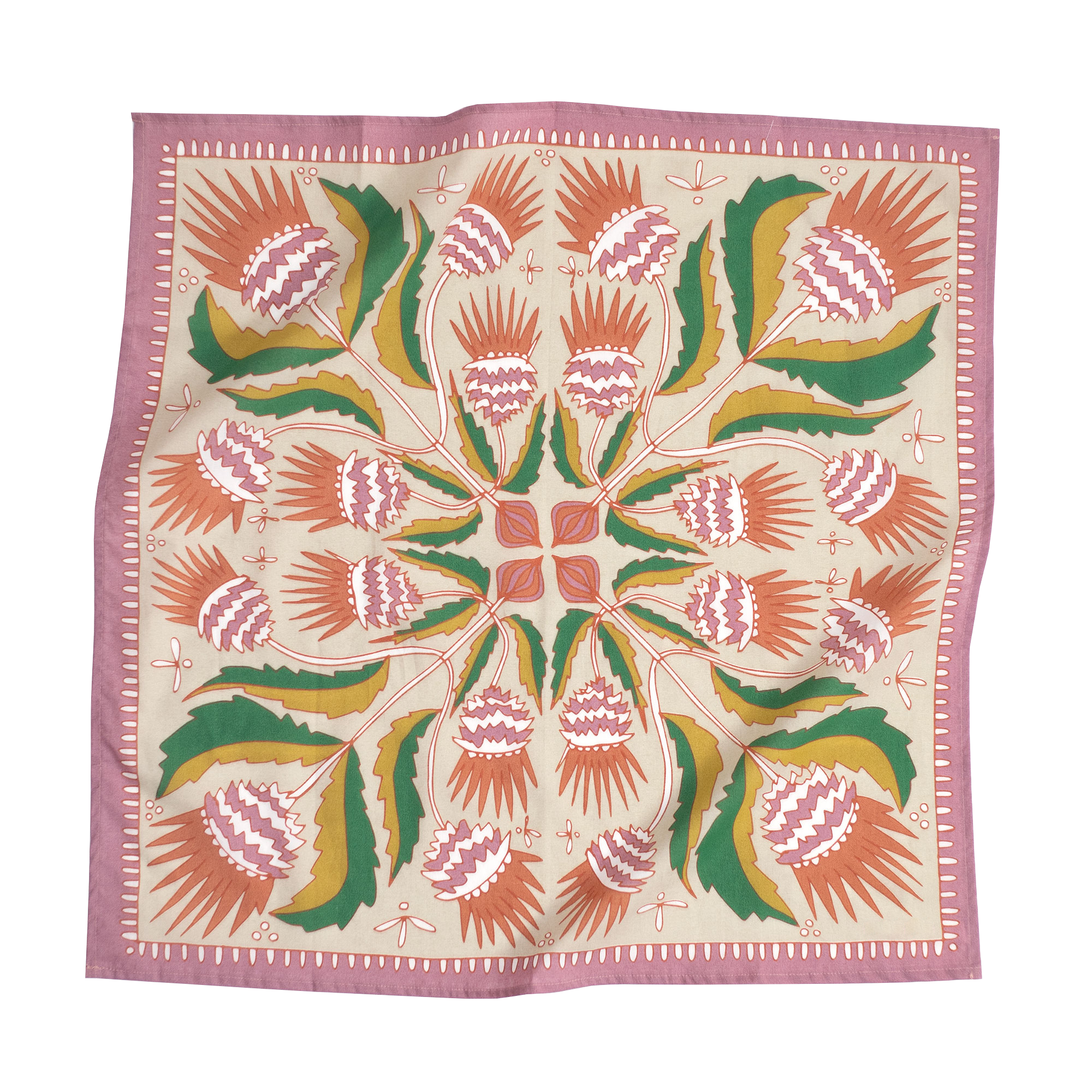 Square silk scarf with symmetrical thistle-like floral motif in coral, pink, green and mustard on cream, mauve border.