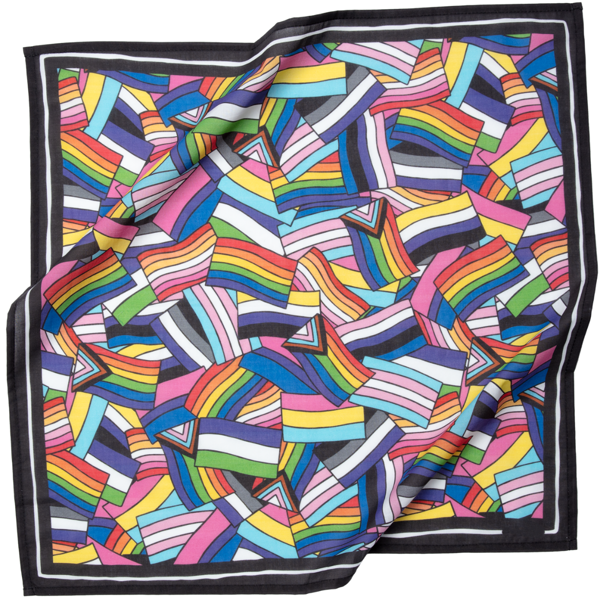 Square scarf with overlapping LGBTQ+ pride flags (rainbow, trans, progress) in a colorful mosaic and black border