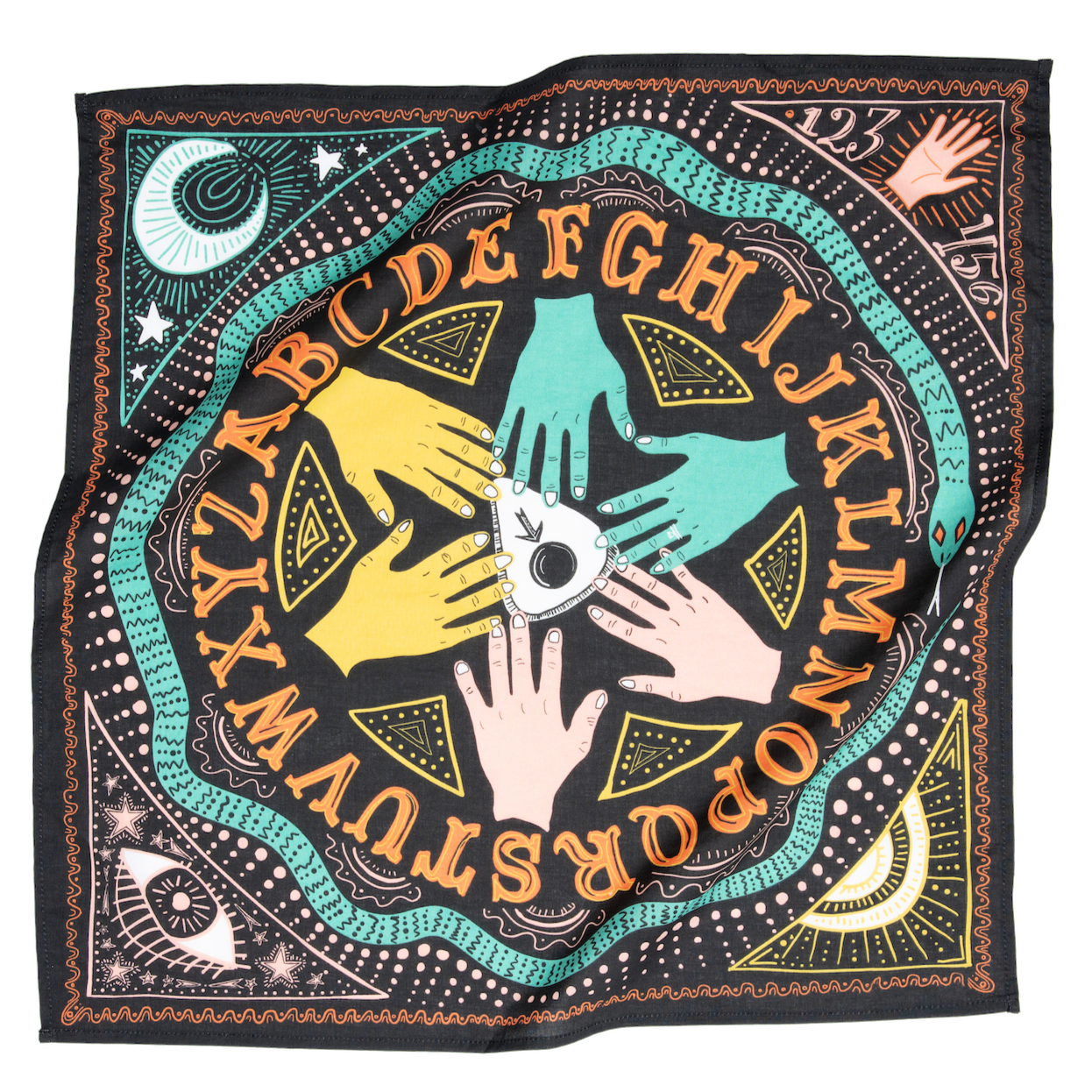 Decorative cloth with illustrated hands, alphabet, moon, and sun designs.