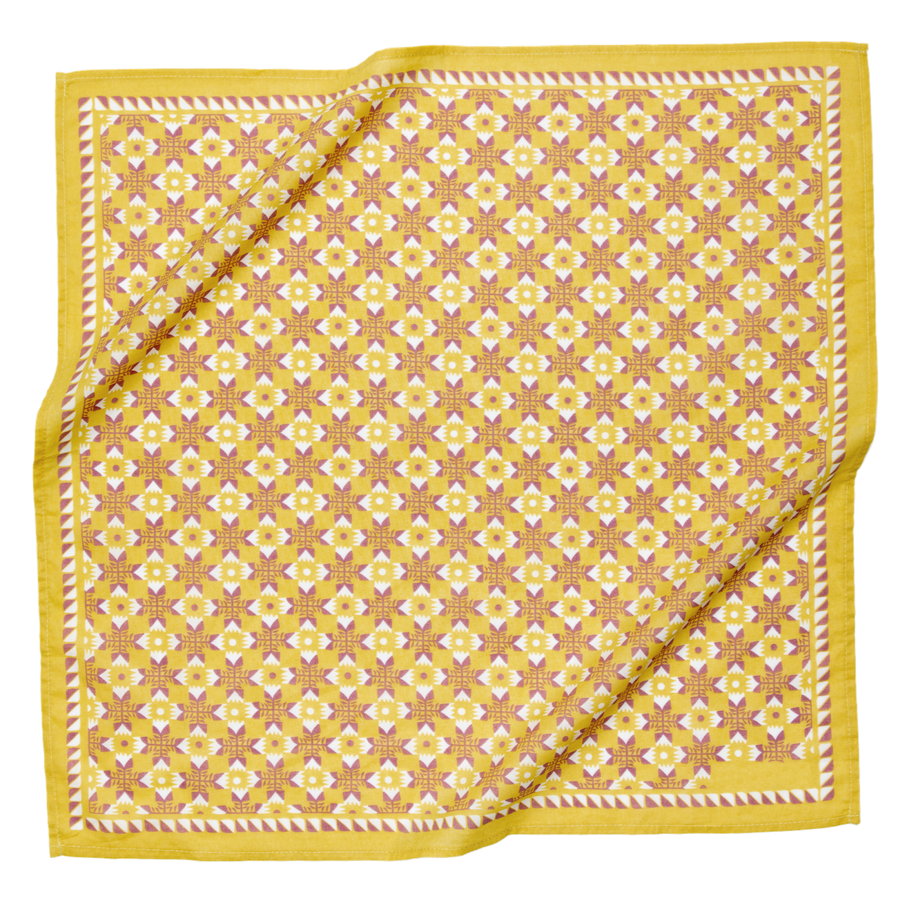 Yellow patterned handkerchief with floral design and bordered edges