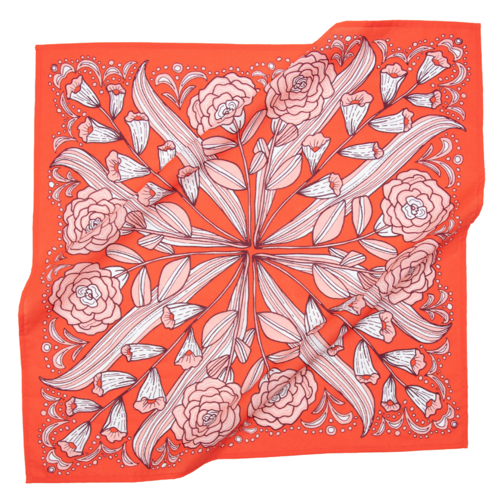 Orange bandana with floral and leaf pattern design