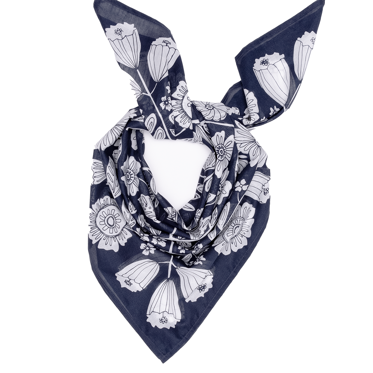 Navy blue bandana, bandanna, scarf, handkerchief with white floral print | Fiona wild rag by Handker Bandanas