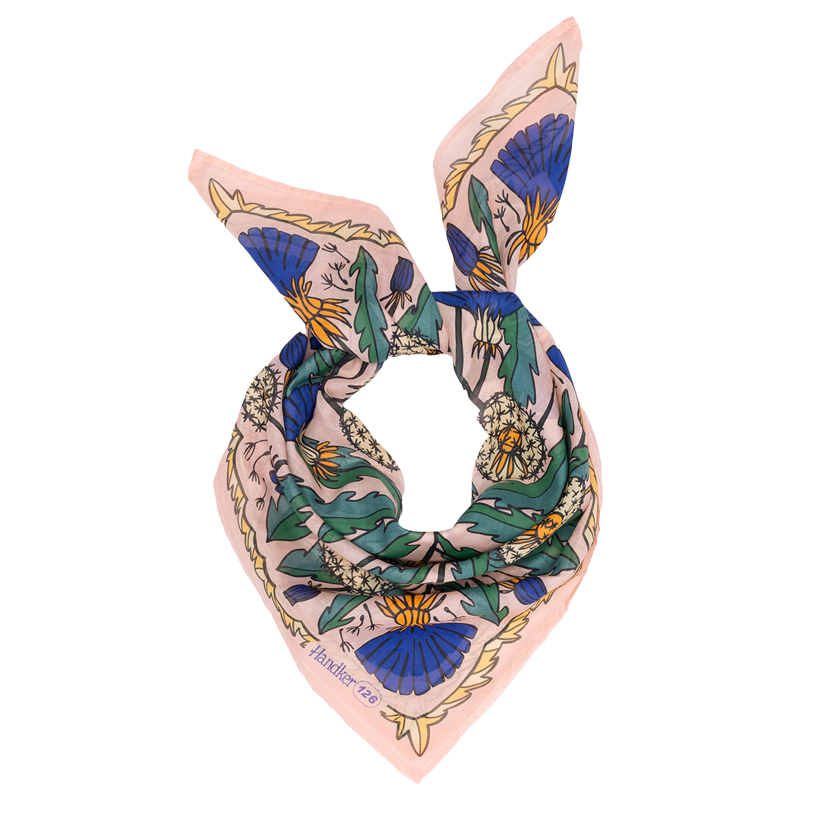 Floral-patterned scarf tied with pointed ends.