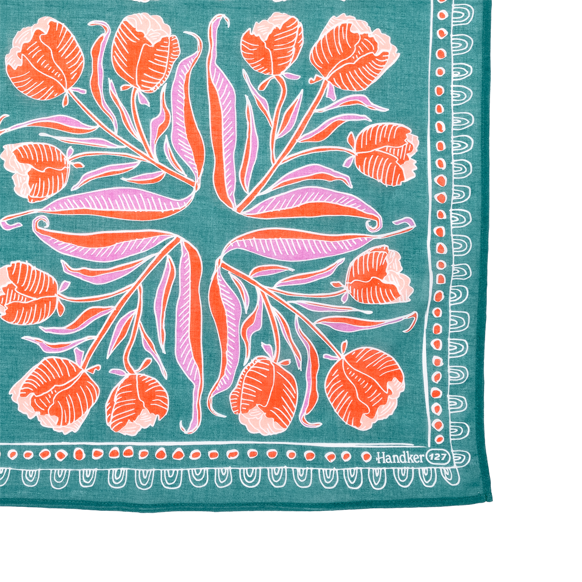 Close-up of 34-inch Wild Rag Winnie bandana showing orange and pink floral print on green cotton with white decorative border