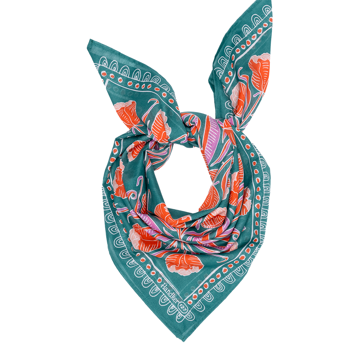 Colorful floral pattern on green textile bandana, bandanna, scarf, handkerchief | Winnie wild rag by Handker Bandanas