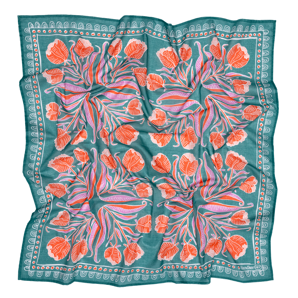 Colorful floral print textile bandana, bandanna, scarf, handkerchief with blue and orange design | Winnie wild rag by Handker Bandanas