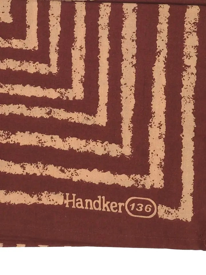 Close-up of No. 136 Sammie pink stripe bandana showing hand-printed concentric square stripes and Handker 136 logo on cotton