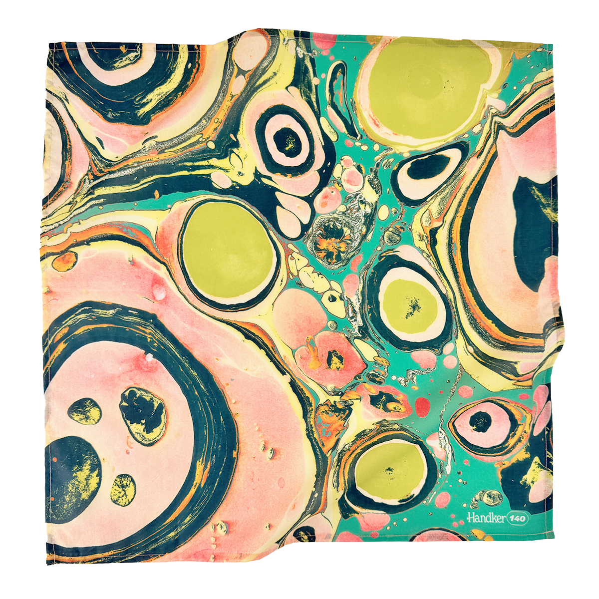 Flat lay of Marble 22-inch bandana showcasing pink, teal, olive, and navy marbled pattern on white background