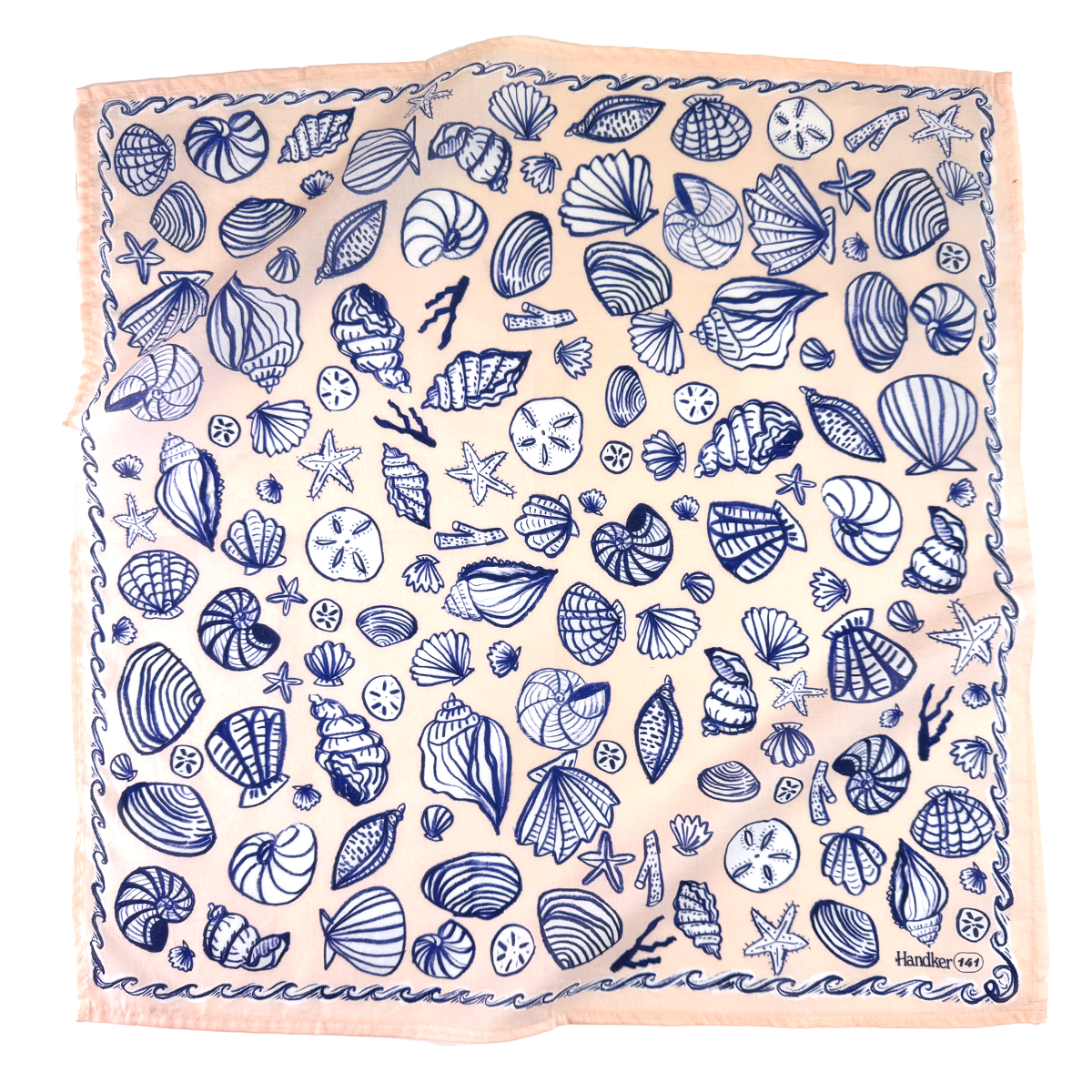 Square peach handkerchief with blue seashell and starfish sketches and wave border; lower-right printed 'Handker 141'.