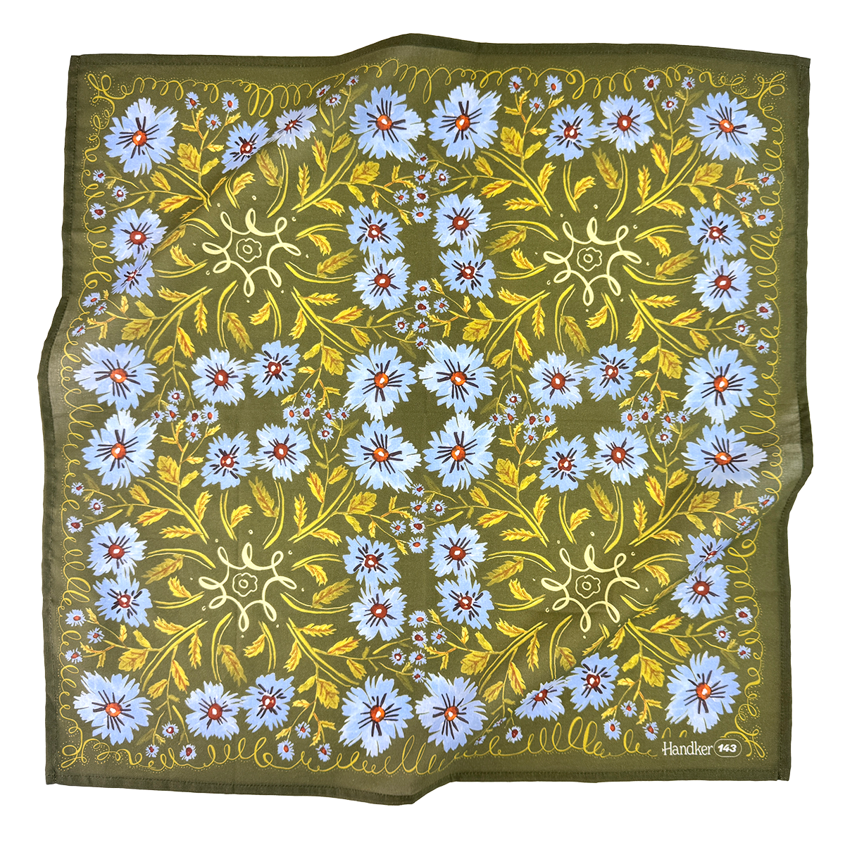 No. 143 Clara Bandana | Olive green, Periwinkle Floral Cotton