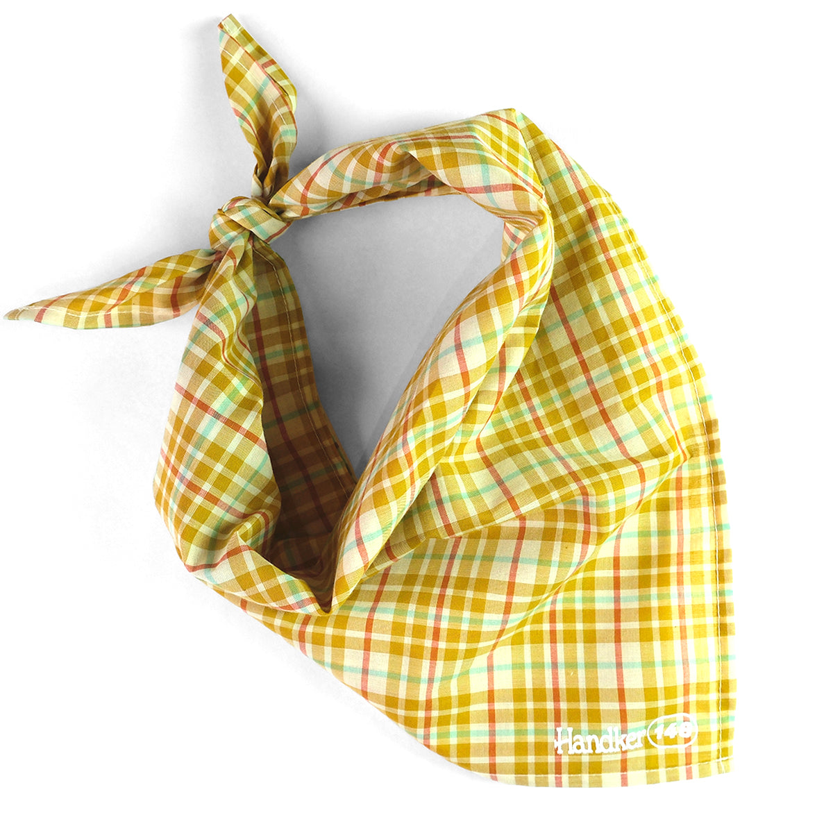 Yellow and green checkered bandana on a white background