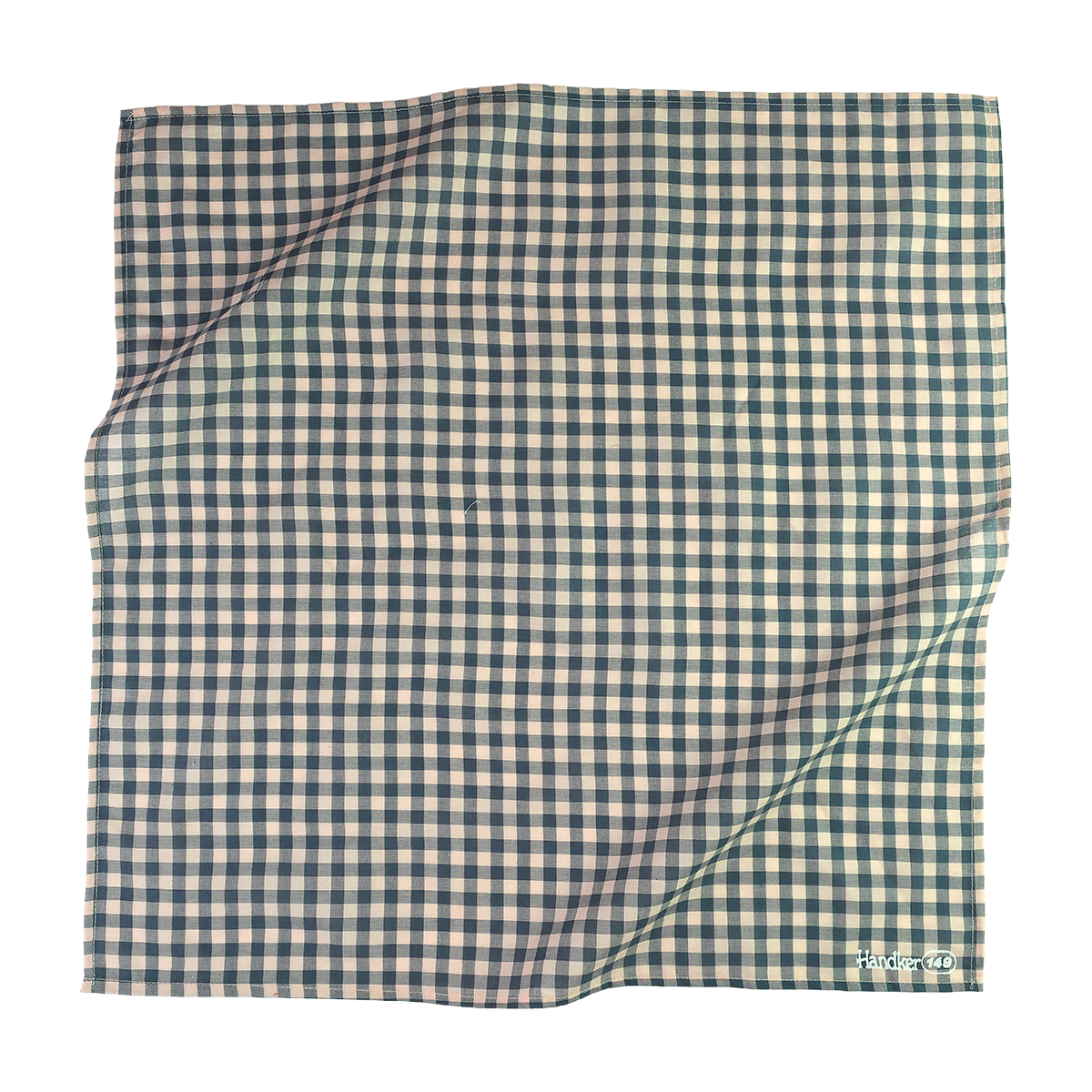 Flat lay of green-and-white gingham bandana showing full square pattern, slightly folded corner, and hemmed edges on white background