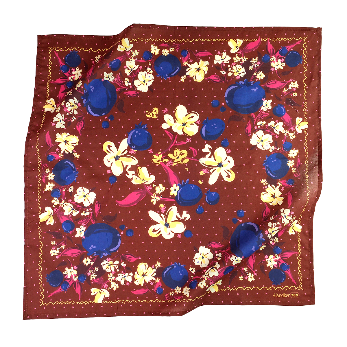 Floral patterned bandana with blueberries and yellow and pink flowers on a chocolate brown background