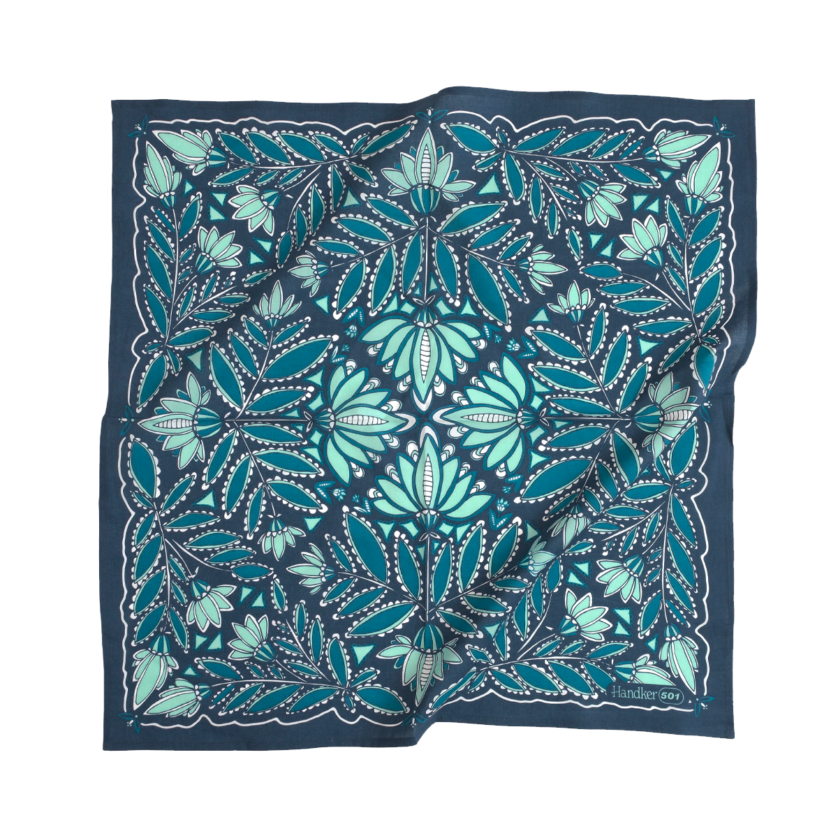 Navy square bandana with teal and mint stylized floral and leaf pattern, 'Handker 501' printed in lower right.
