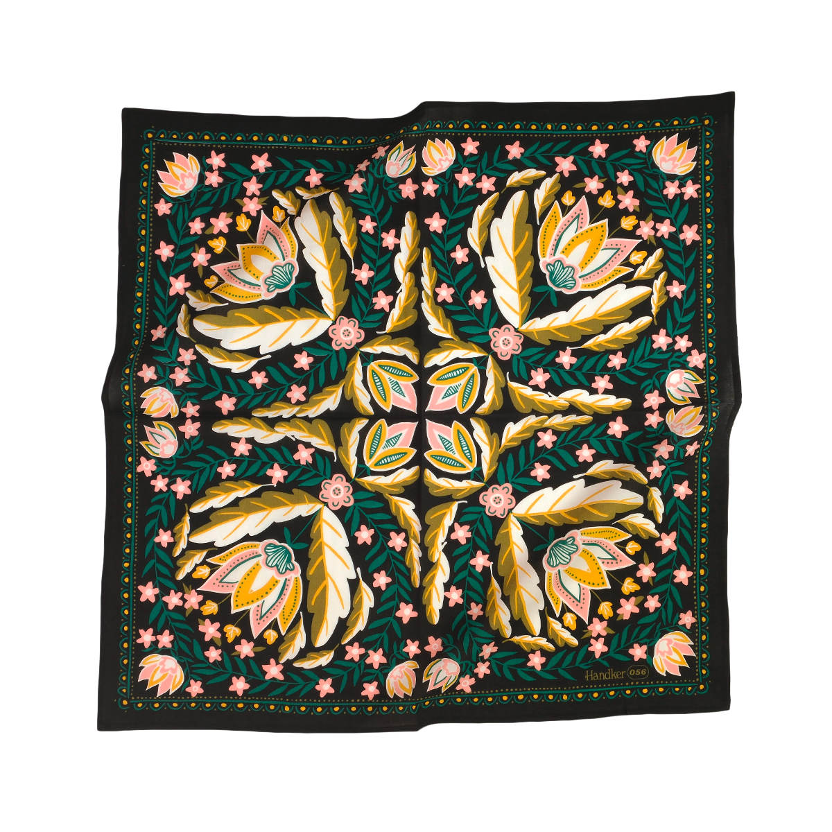 Square black scarf with symmetrical pink, yellow, and green floral-and-leaf pattern; lower-right text 'Handker 056'.