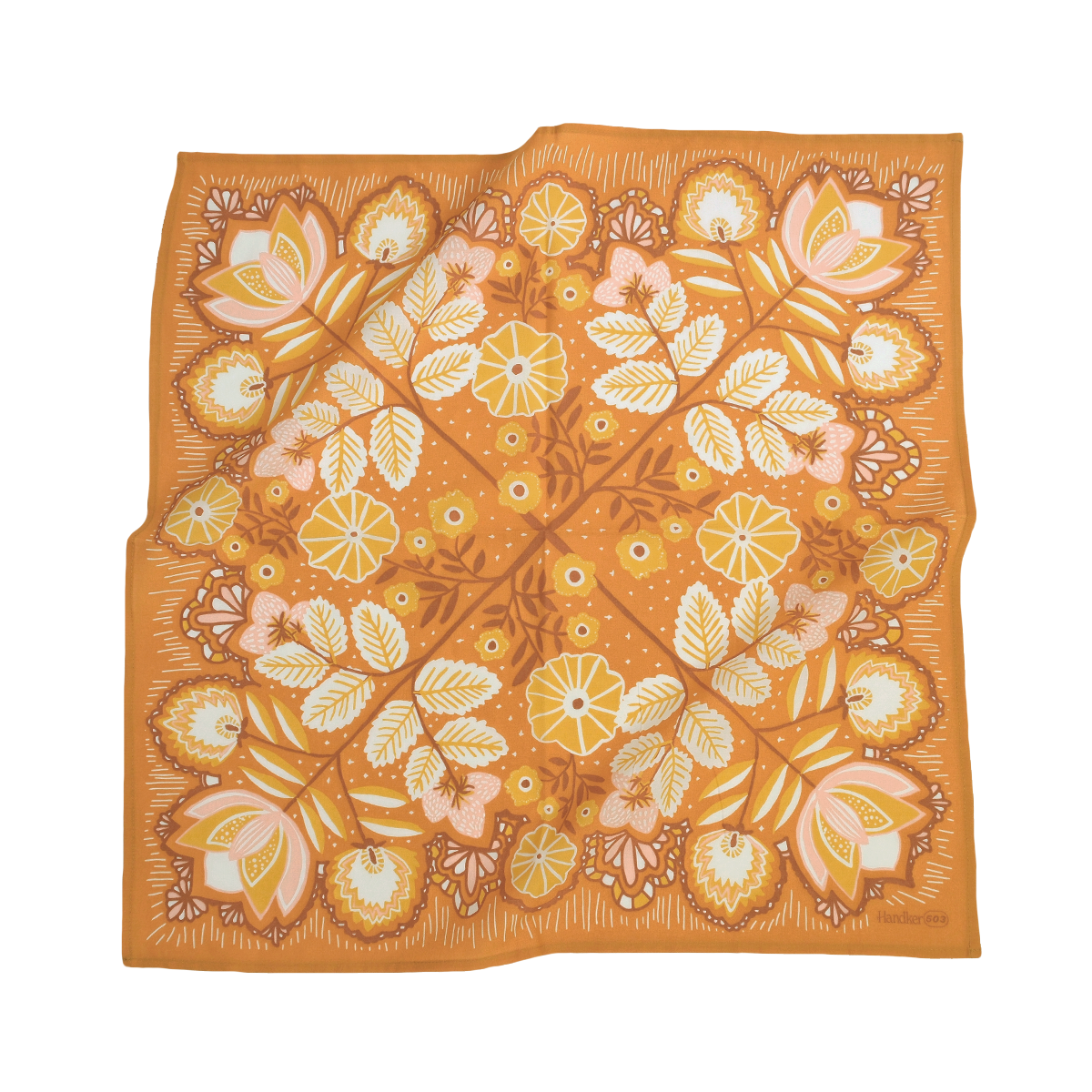 Orange square bandana with symmetrical white, yellow and pink floral and leaf motifs arranged in a diagonal, rotated pattern.