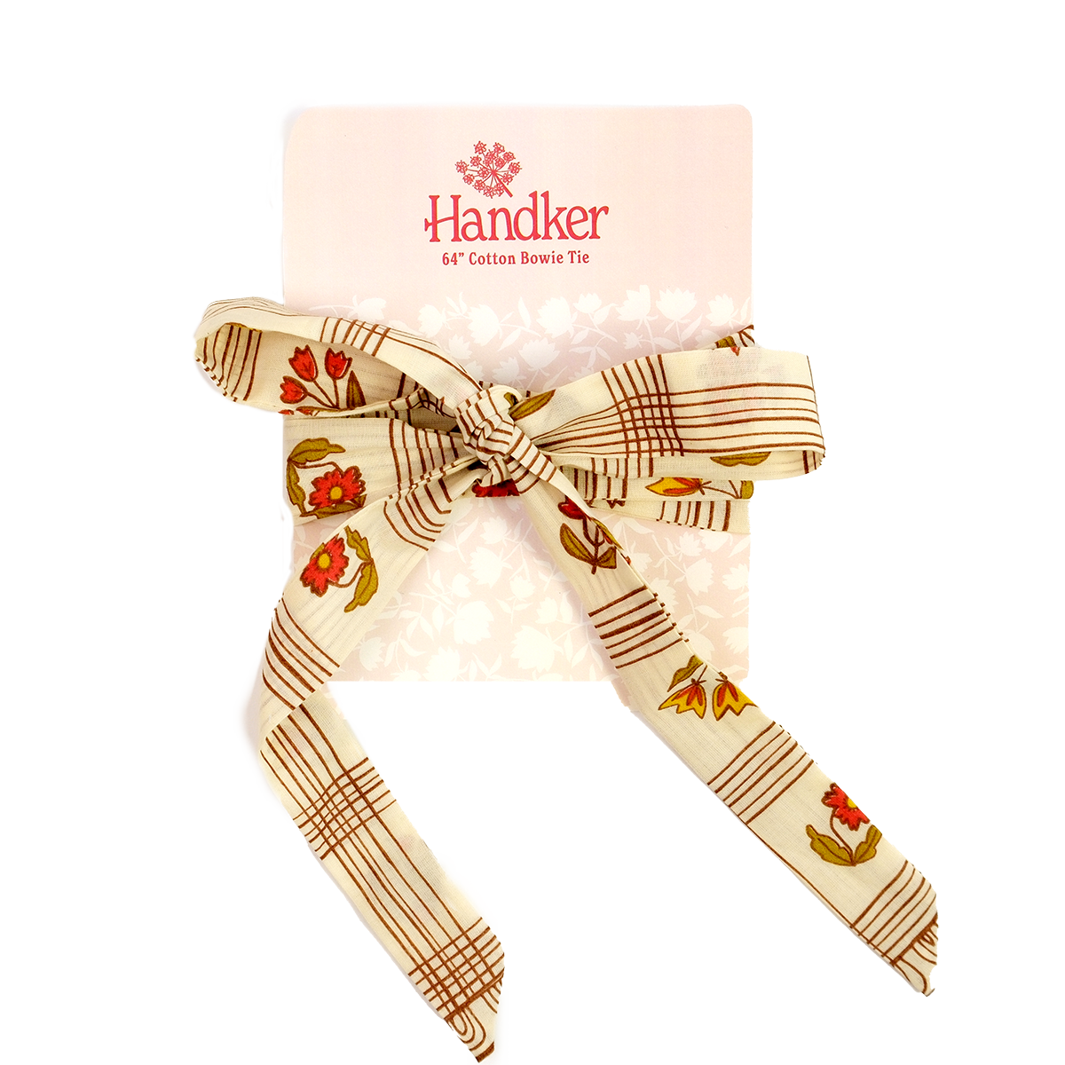 Handker 64" Cotton Bowie Tie — cream cotton bow with red and yellow floral print tied on branded pink card