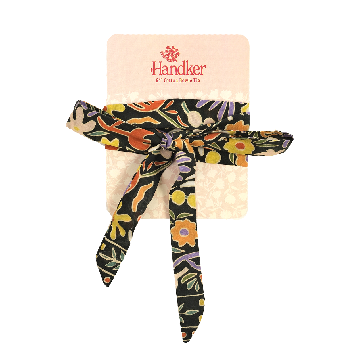 Handker — 64" Cotton Bowie Tie: black floral cotton bow tied on display card
