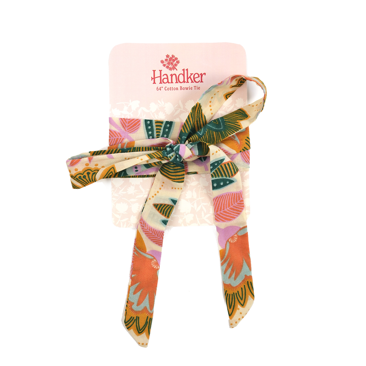 Handker 64" Cotton Bowie Tie; floral-patterned cotton bow tie tied on a pale-pink display card