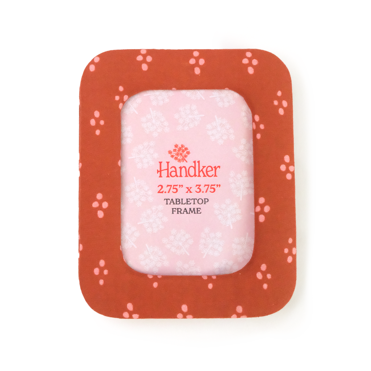 Red floral tabletop photo frame labeled 'Handker' with text 2.75" x 3.75" TABLETOP FRAME