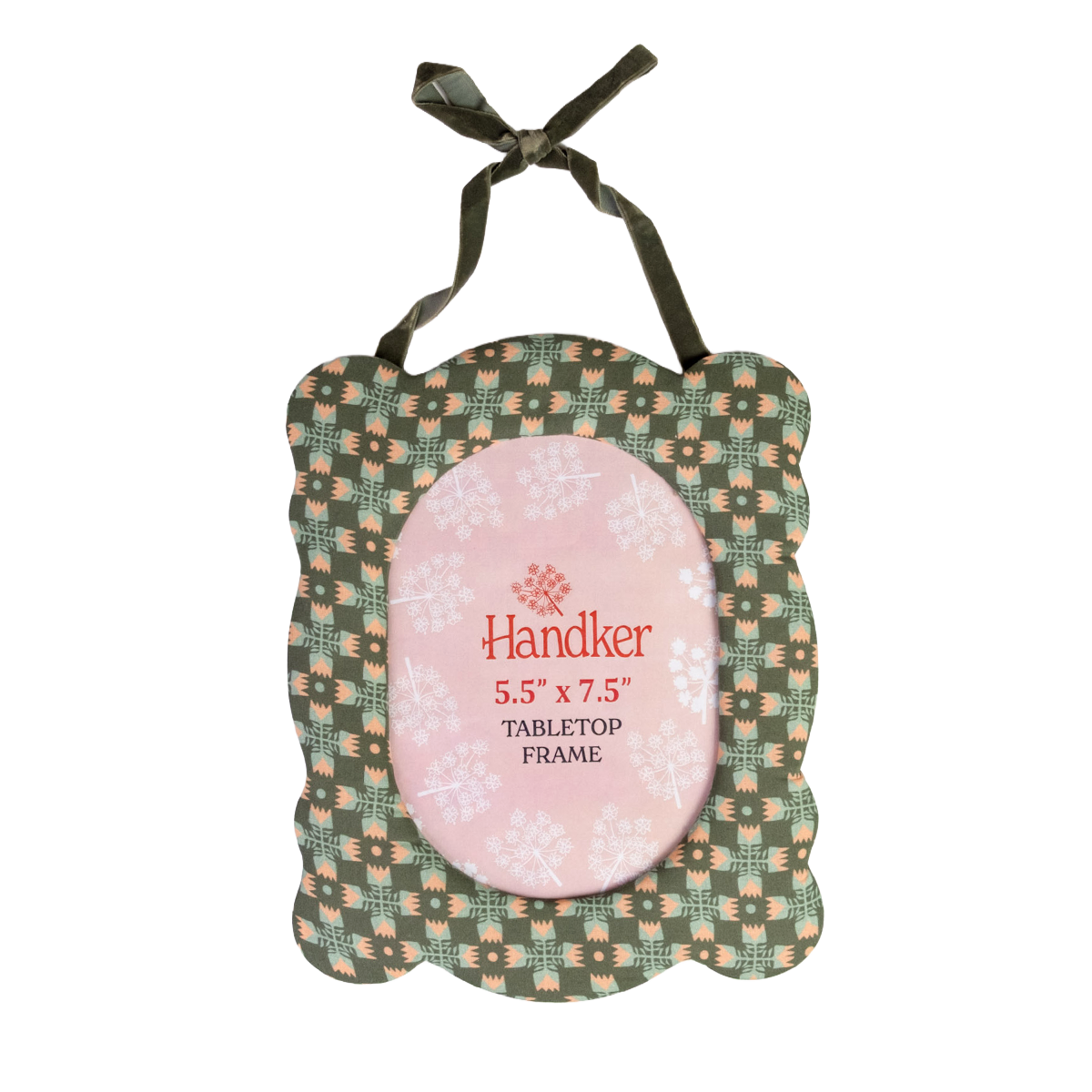 Front view of Sarah Green fabric desktop frame with scalloped edges, green multi pattern, 5.5 x 7.5 in opening on white