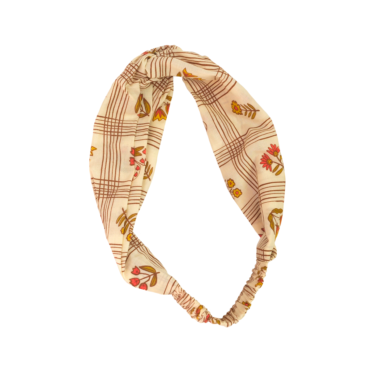 Cream knotted fabric headband with brown plaid grid and small red and yellow floral print, elasticized back.