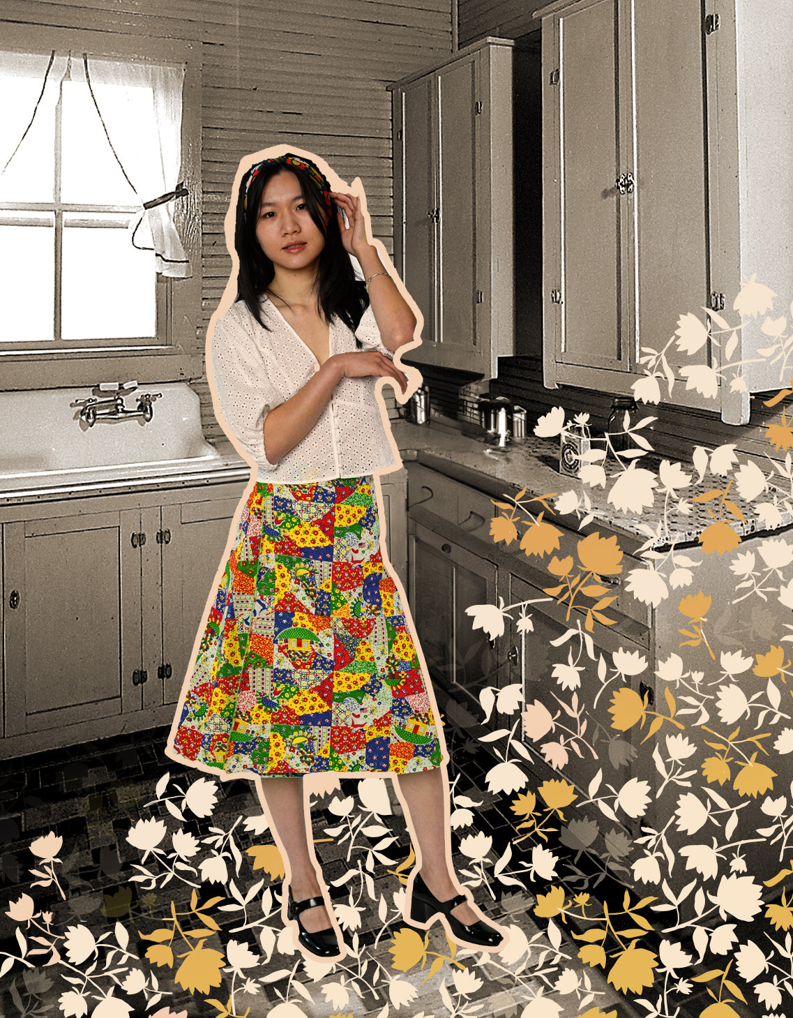 Model wearing multicolor patchwork skirt and matching bandana in a sepia vintage kitchen with floral overlay