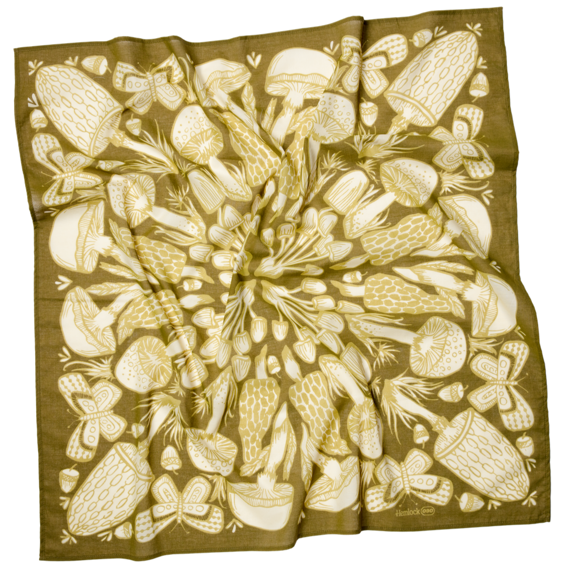 Olive-green square scarf printed with white mushrooms and butterflies, lightly creased; Hemlock branding at lower right.