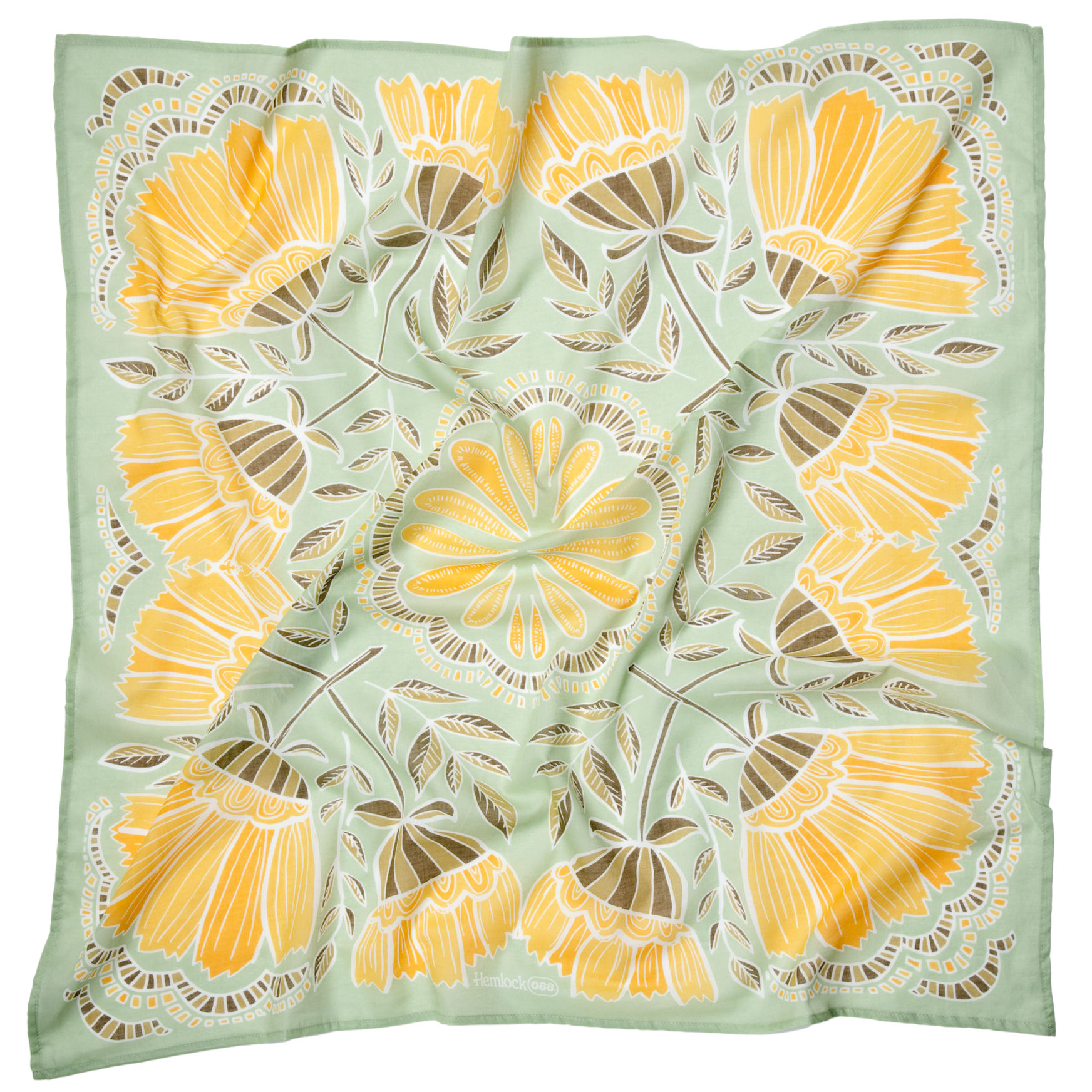 Square silk scarf with mint background and yellow floral block print, brand text 'Hemlock 088' near bottom edge