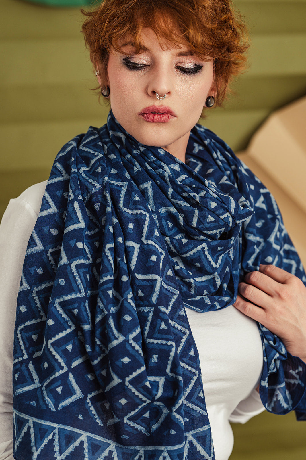Geometric Dabu Print Indigo Scarf