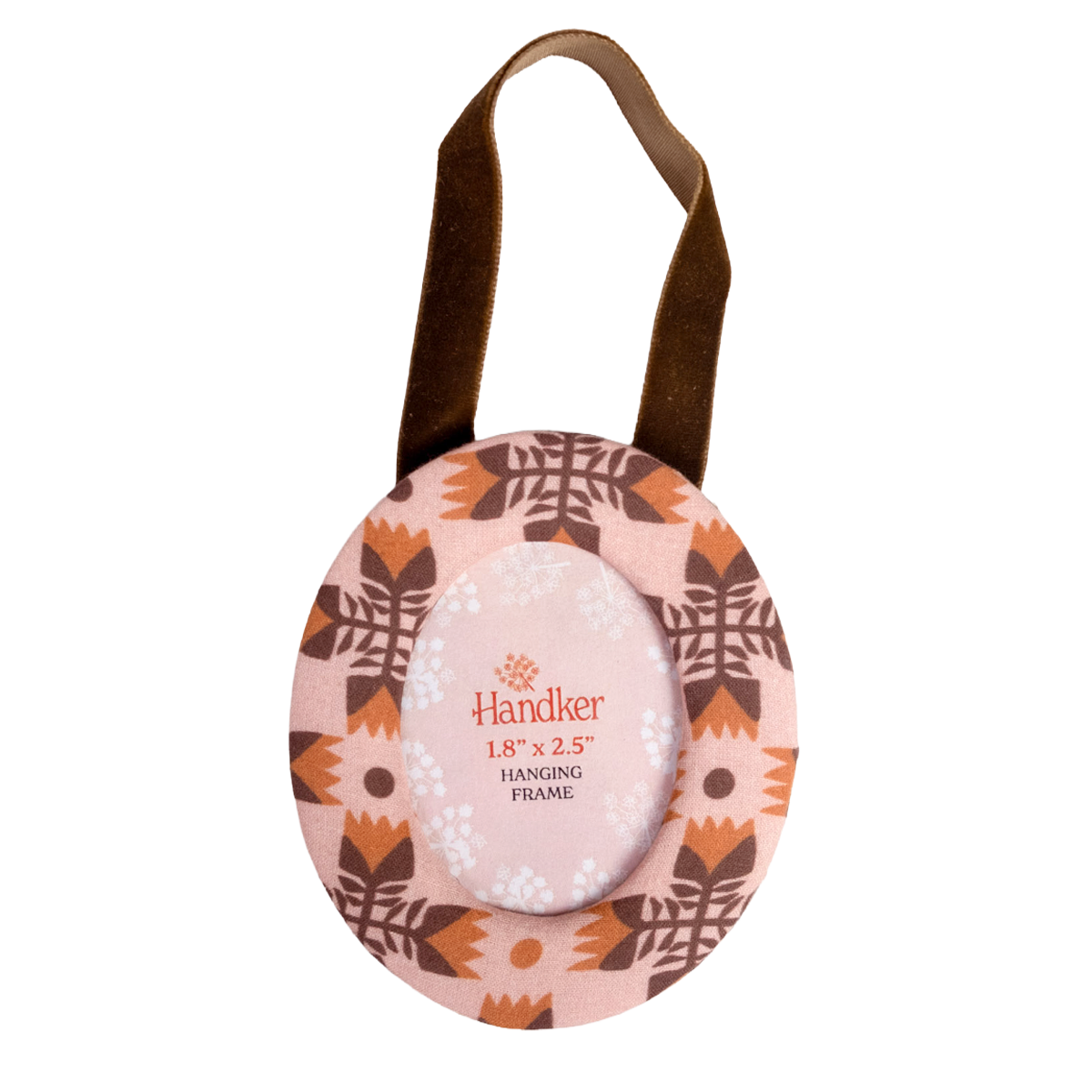 Front view of Sarah Pink fabric-covered 3 by 3 in round ornament frame showing 1.8 by 2.5 in photo opening and brown hanging ribbon
