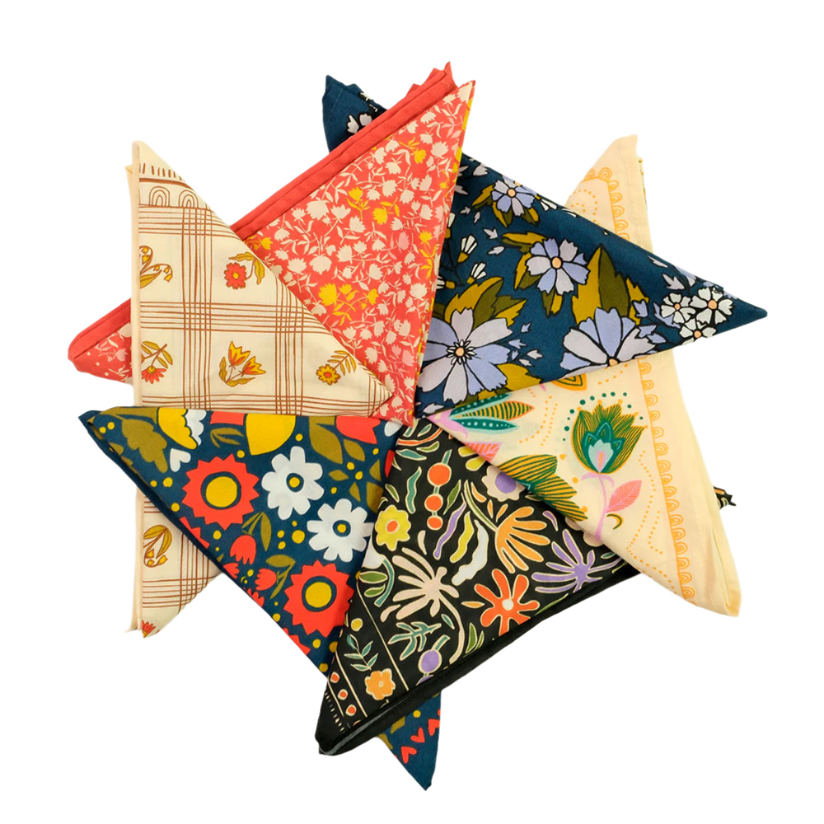 Stack of folded triangular bandanas arranged in a star, each with bold floral and geometric prints in bright colors.
