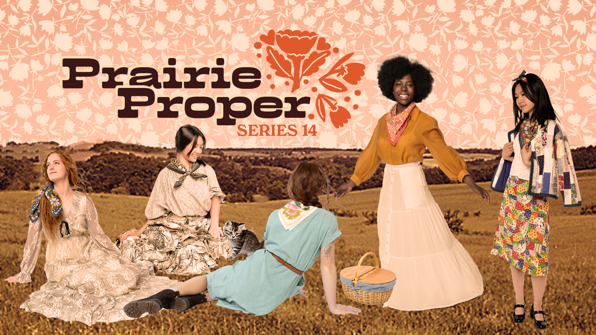 Promotional banner reading 'Prairie Proper Series 14' showing four women in prairie-style dresses wearing bandanas in a grassy field