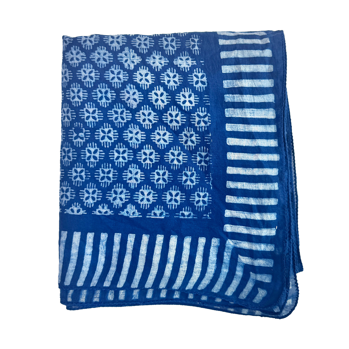 Flat lay of Laken indigo scarf showcasing white Dabu mud-resist floral block print and striped border on white background