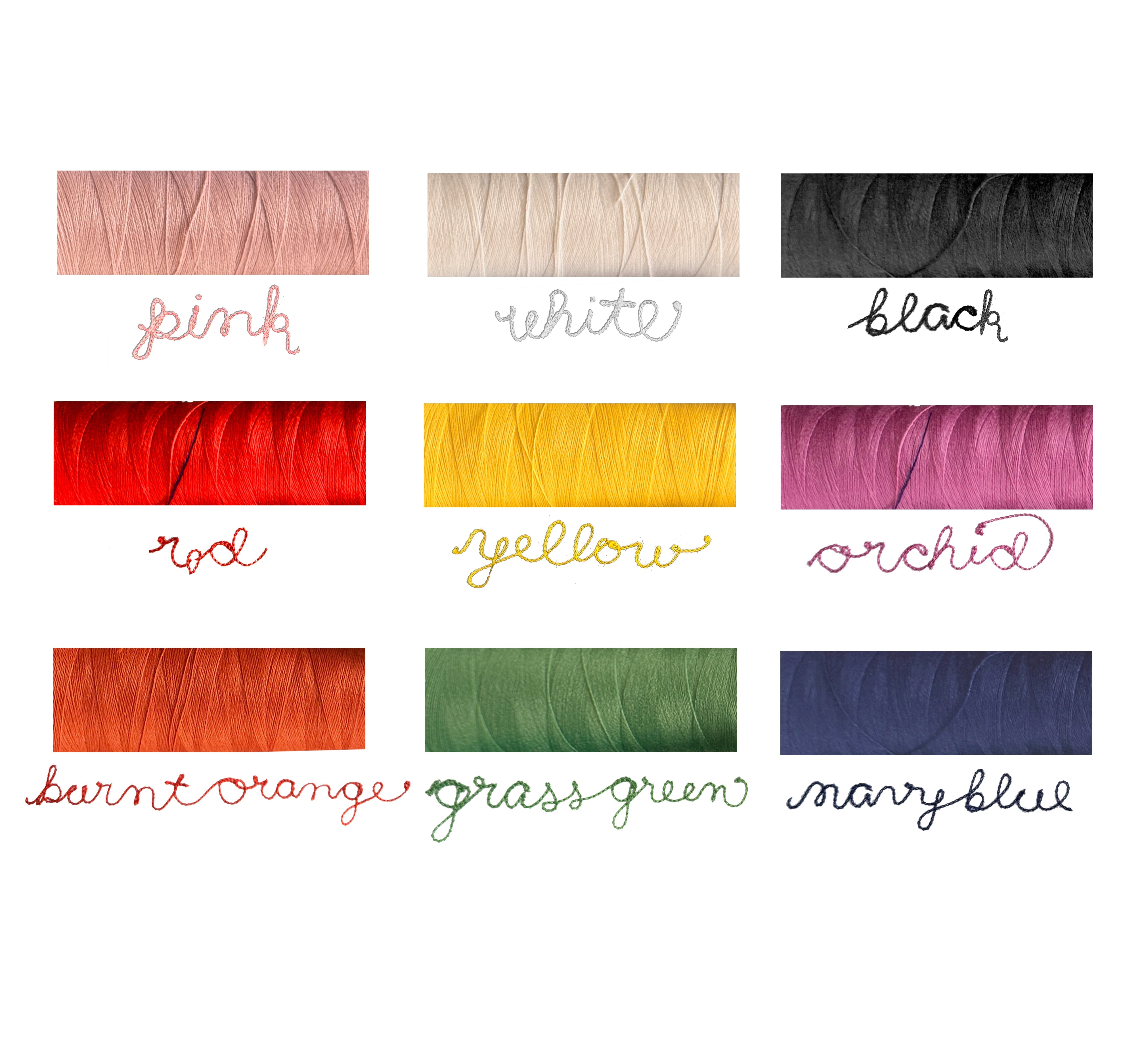 Thread color swatches with handwritten labels: pink, white, black, red, yellow, orchid, burnt orange, grass green, navy blue