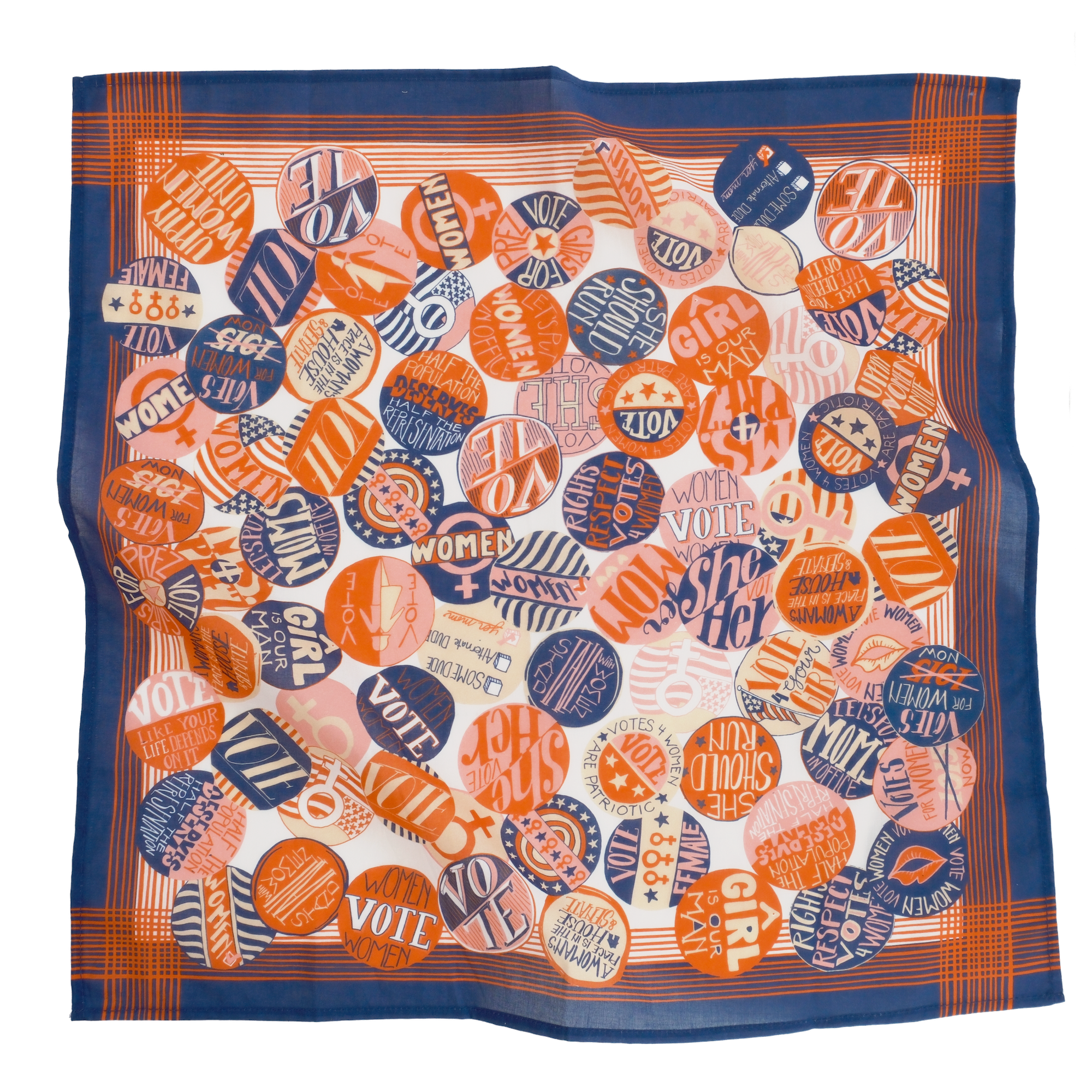 Colorful scarf featuring various circular vote-themed designs and slogans in orange, blue, and white.