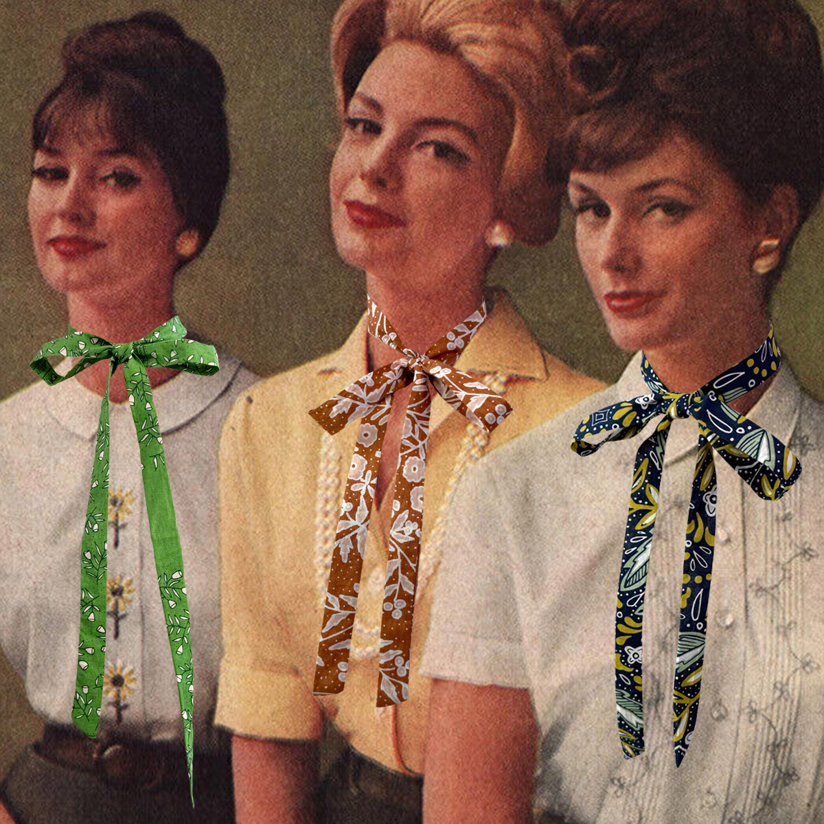 Three Bowie Ties (green, brown, navy prints) tied in bows on vintage illustration, showing slim shape and drape