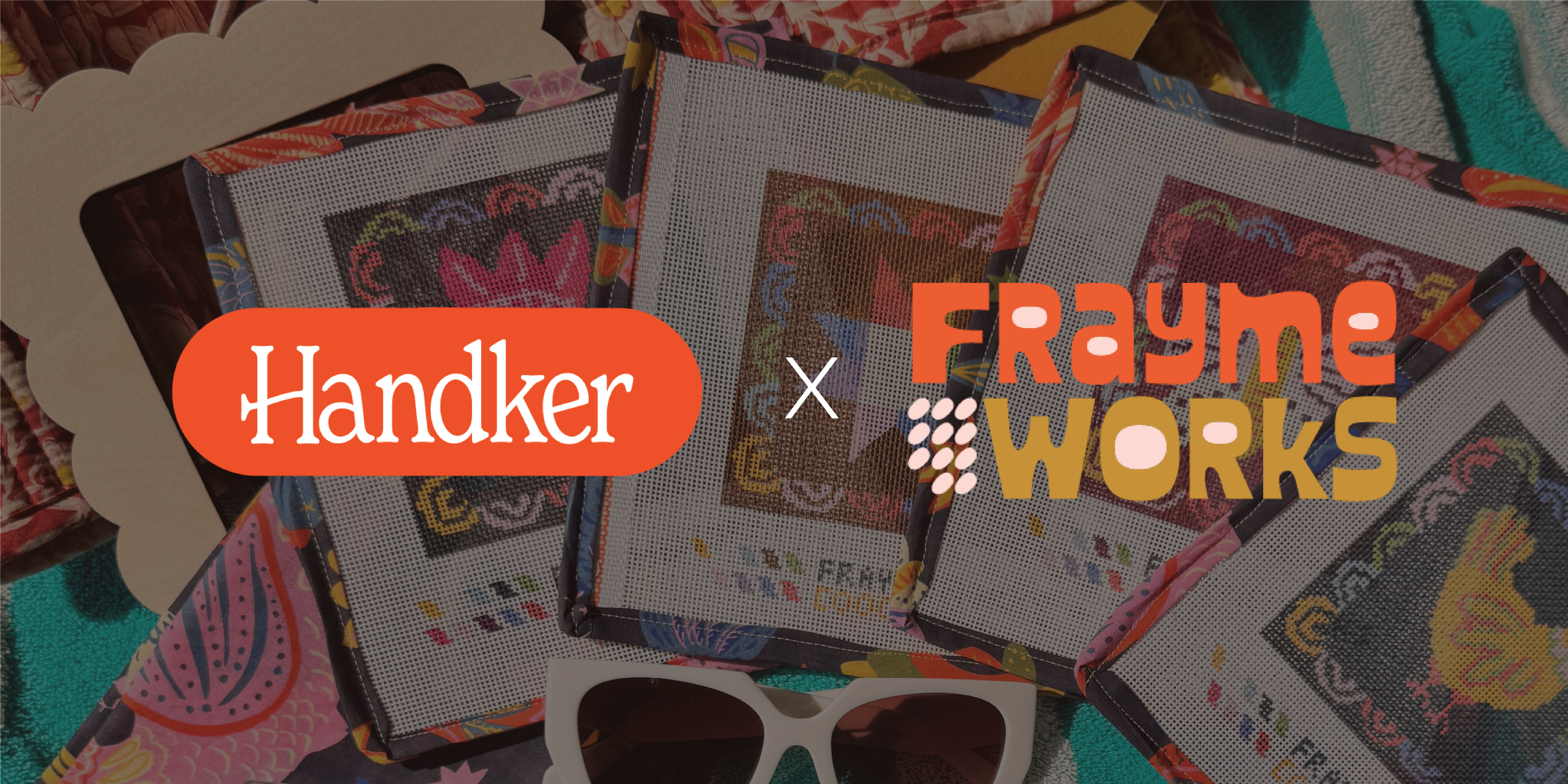 Handker x Fraymeworks logos overlaid on needlepoint canvases with patterned bandana fabric and sunglasses