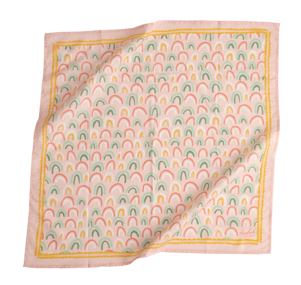 Hemlock Goods No. 047 Rainbows Bandana Abstract Light Pink with Green & Gold print