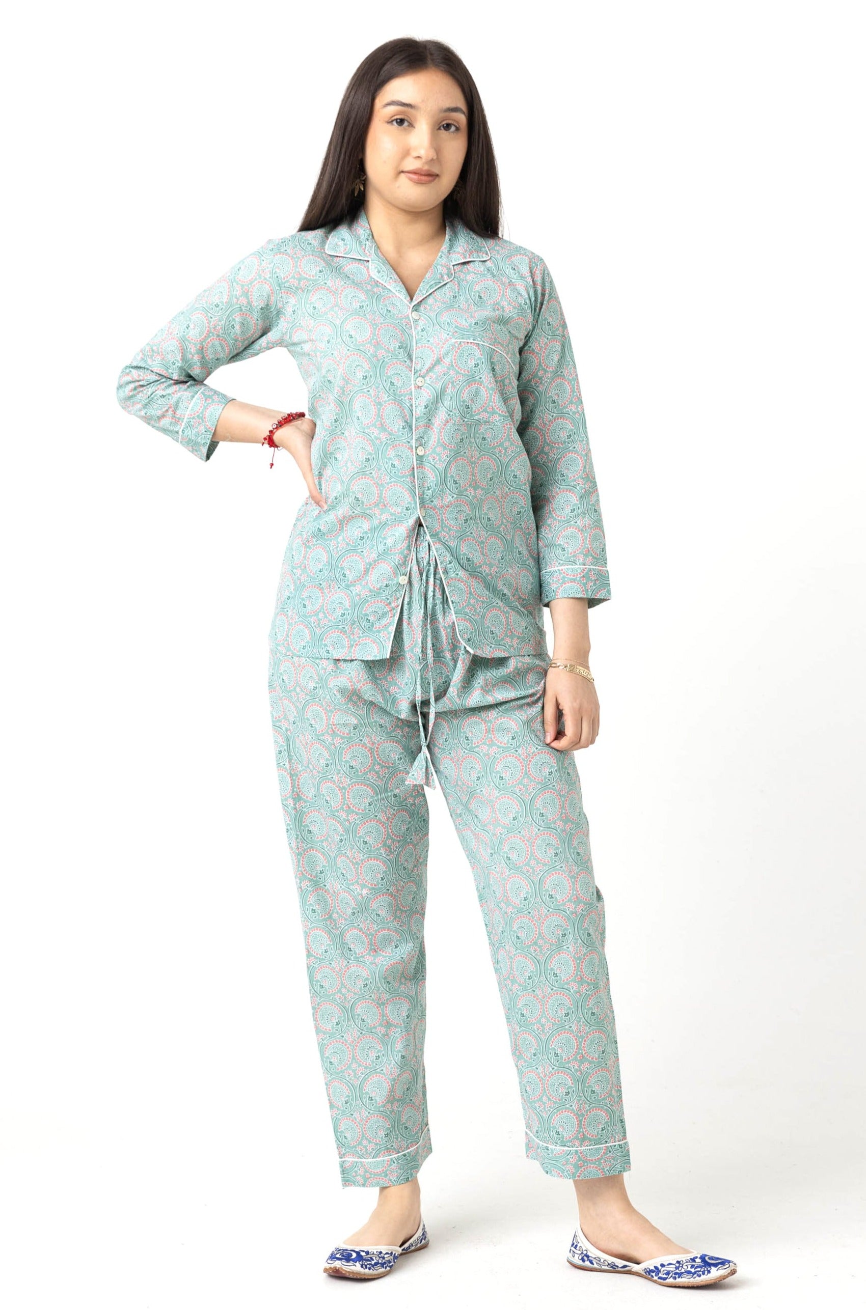 Block Print Pajama Set - Green & Pink Pastel, Size 36 (S)