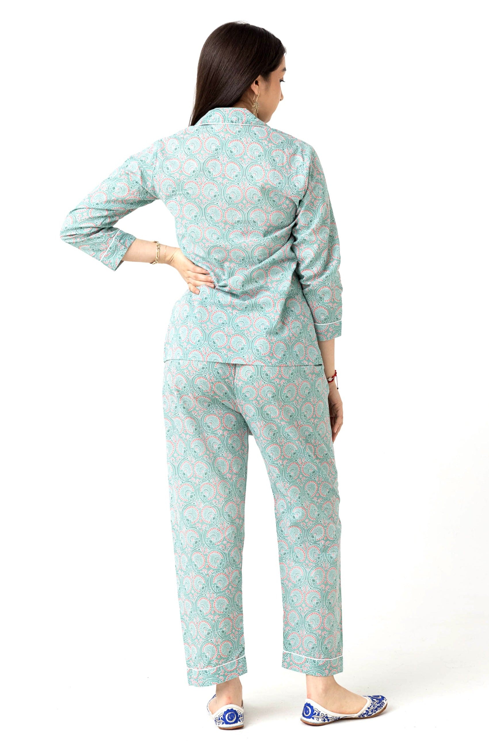 Block Print Pajama Set - Green & Pink Pastel, Size 36 (S)